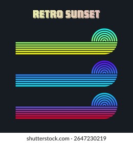 Vintage colorful sunset. Various gradient striped sunrise badges in 80s and 90s style. Sun and ocean view, summer vibes, surfing. Design element for print, logo or t-shirt. Vector illustration