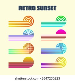 Vintage colorful sunset. Various gradient striped sunrise badges in 80s and 90s style. Sun and ocean view, summer vibes, surfing. Design element for print, logo or t-shirt. Vector illustration