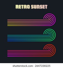 Vintage colorful sunset. Various gradient striped sunrise badges in 80s and 90s style. Sun and ocean view, summer vibes, surfing. Design element for print, logo or t-shirt. Vector illustration