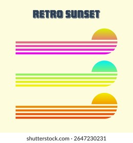 Vintage colorful sunset. Various gradient striped sunrise badges in 80s and 90s style. Sun and ocean view, summer vibes, surfing. Design element for print, logo or t-shirt. Vector illustration