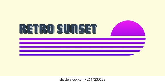 Vintage colorful sunset. Various gradient striped sunrise badges in 80s and 90s style. Sun and ocean view, summer vibes, surfing. Design element for print, logo or t-shirt. Vector illustration