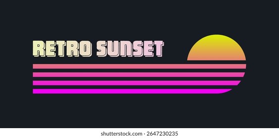 Vintage colorful sunset. Various gradient striped sunrise badges in 80s and 90s style. Sun and ocean view, summer vibes, surfing. Design element for print, logo or t-shirt. Vector illustration