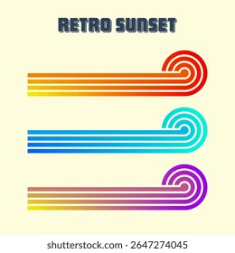 Vintage colorful sunset. Various gradient striped sunrise badges in 80s and 90s style. Sun and ocean view, summer vibes, surfing. Design element for print, logo or t-shirt. Vector illustration