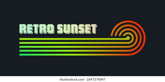 Vintage colorful sunset. Various gradient striped sunrise badges in 80s and 90s style. Sun and ocean view, summer vibes, surfing. Design element for print, logo or t-shirt. Vector illustration