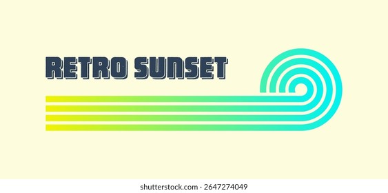 Vintage colorful sunset. Various gradient striped sunrise badges in 80s and 90s style. Sun and ocean view, summer vibes, surfing. Design element for print, logo or t-shirt. Vector illustration