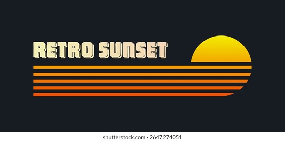 Vintage colorful sunset. Various gradient striped sunrise badges in 80s and 90s style. Sun and ocean view, summer vibes, surfing. Design element for print, logo or t-shirt. Vector illustration
