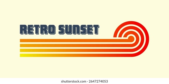 Vintage colorful sunset. Various gradient striped sunrise badges in 80s and 90s style. Sun and ocean view, summer vibes, surfing. Design element for print, logo or t-shirt. Vector illustration