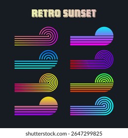 Vintage colorful sunset. Various gradient striped sunrise badges in 80s and 90s style. Sun and ocean view, summer vibes, surfing. Design element for print, logo or t-shirt. Vector illustration