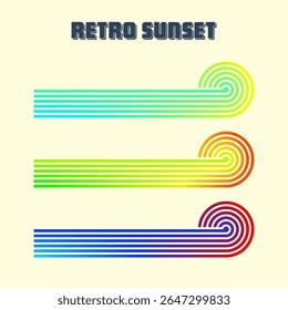 Vintage colorful sunset. Various gradient striped sunrise badges in 80s and 90s style. Sun and ocean view, summer vibes, surfing. Design element for print, logo or t-shirt. Vector illustration