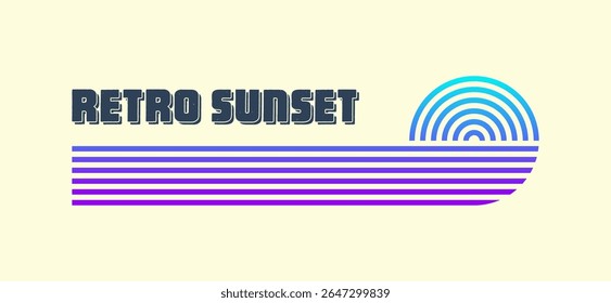 Vintage colorful sunset. Various gradient striped sunrise badges in 80s and 90s style. Sun and ocean view, summer vibes, surfing. Design element for print, logo or t-shirt. Vector illustration