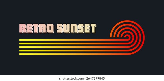Vintage colorful sunset. Various gradient striped sunrise badges in 80s and 90s style. Sun and ocean view, summer vibes, surfing. Design element for print, logo or t-shirt. Vector illustration