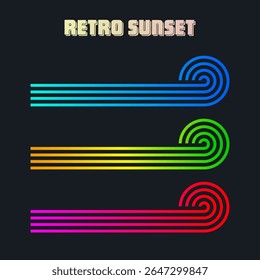 Vintage colorful sunset. Various gradient striped sunrise badges in 80s and 90s style. Sun and ocean view, summer vibes, surfing. Design element for print, logo or t-shirt. Vector illustration