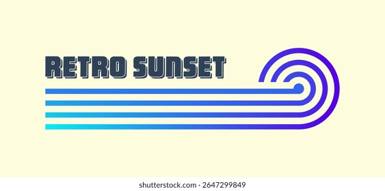 Vintage colorful sunset. Various gradient striped sunrise badges in 80s and 90s style. Sun and ocean view, summer vibes, surfing. Design element for print, logo or t-shirt. Vector illustration