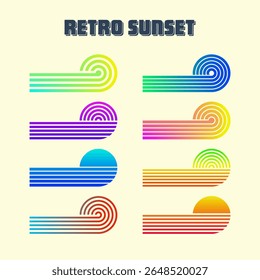 Vintage colorful sunset. Various gradient striped sunrise badges in 80s and 90s style. Sun and ocean view, summer vibes, surfing. Design element for print, logo or t-shirt. Vector illustration