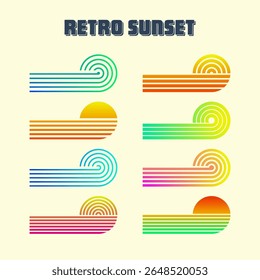 Vintage colorful sunset. Various gradient striped sunrise badges in 80s and 90s style. Sun and ocean view, summer vibes, surfing. Design element for print, logo or t-shirt. Vector illustration