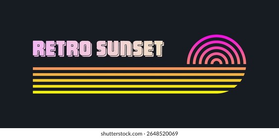 Vintage colorful sunset. Various gradient striped sunrise badges in 80s and 90s style. Sun and ocean view, summer vibes, surfing. Design element for print, logo or t-shirt. Vector illustration