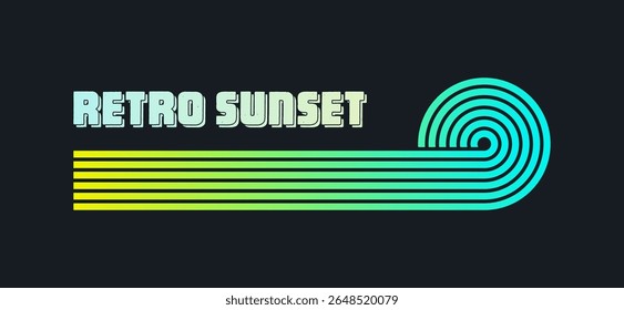 Vintage colorful sunset. Various gradient striped sunrise badges in 80s and 90s style. Sun and ocean view, summer vibes, surfing. Design element for print, logo or t-shirt. Vector illustration