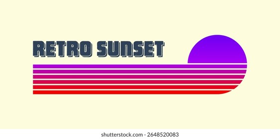 Vintage colorful sunset. Various gradient striped sunrise badges in 80s and 90s style. Sun and ocean view, summer vibes, surfing. Design element for print, logo or t-shirt. Vector illustration