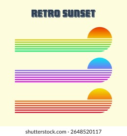 Vintage colorful sunset. Various gradient striped sunrise badges in 80s and 90s style. Sun and ocean view, summer vibes, surfing. Design element for print, logo or t-shirt. Vector illustration