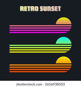 Vintage colorful sunset. Various gradient striped sunrise badges in 80s and 90s style. Sun and ocean view, summer vibes, surfing. Design element for print, logo or t-shirt. Vector illustration
