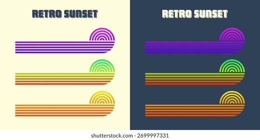 Pôr do sol colorido vintage. Vários gradiente listrado distintivos do nascer do sol no estilo dos anos 80 e 90. Vista do Sol e do oceano, vibrações de verão, surfe. Elemento de design para impressão, logotipo ou camiseta. Ilustração vetorial.