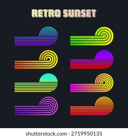 Vintage colorful sunset. Various gradient striped sunrise badges in 80s and 90s style. Sun and ocean view, summer vibes, surfing. Design element for print, logo or t-shirt. Vector illustration
