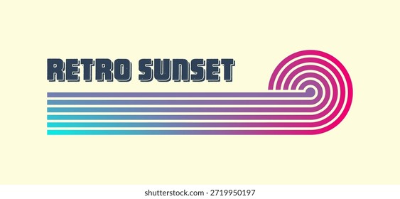 Antiguas colorida puesta de sol. Varias insignias de la salida del sol rayadas del gradiente en estilo de los años 80 y 90. Sol y vista al mar, ambiente de verano, surf. Elemento de diseño para estampado, logo o camiseta. Ilustración vectorial