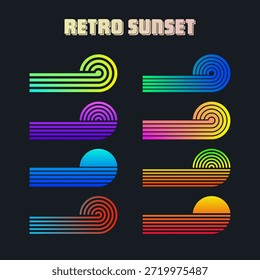Antiguas colorida puesta de sol. Varias insignias de la salida del sol rayadas del gradiente en estilo de los años 80 y 90. Sol y vista al mar, ambiente de verano, surf. Elemento de diseño para estampado, logo o camiseta. Ilustración vectorial