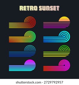 Vintage colorful sunset. Various gradient striped sunrise badges in 80s and 90s style. Sun and ocean view, summer vibes, surfing. Design element for print, logo or t-shirt. Vector illustration