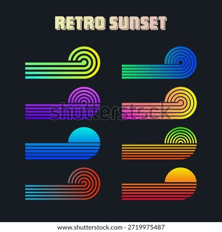 Vintage colorful sunset. Various gradient striped sunrise badges in 80s and 90s style. Sun and ocean view, summer vibes, surfing. Design element for print, logo or t-shirt. Vector illustration