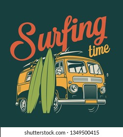 Vintage colorful surfing label with surf van and surfboards isolated vector illustration