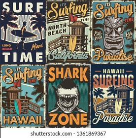 Vintage colorful surfing posters set with surf bus tribal hawaiian tiki mask shark wooden house man holding surfboards vector illustration