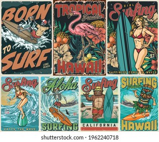 Vintage colorful surfing posters set with pink flamingo tropical fruits flowers leaves skeletons funny bear man in big tiki mask beautiful girls surfers vector illustration