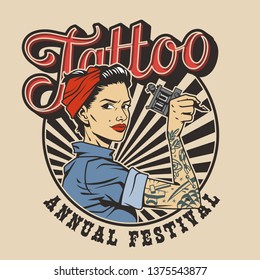 Vintage colorful tattoo festival label with pin up attractive woman in uniform and bandana holding wrench isolated vector illustration