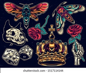 Vintage colorful tattoos collection with spooky insects cat skull dice royal crown skeleton hand holding rose flower on dark background isolated vector illustration