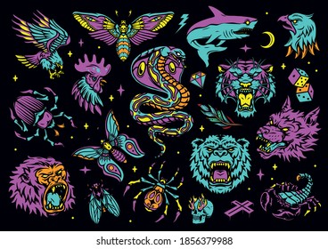 Vintage colorful tattoos composition with angry animals heads shark birds insects dice lightning diamond cross skull with flames from eyes sockets on dark background isolated vector illustration