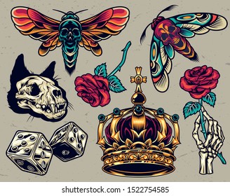 Vintage colorful tattoos composition with cat skull dice ornate royal crown skeleton hand holding rose death head moths isolated vector illustration