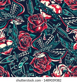 Vintage colorful tattoos seamless pattern with swallow fiery heart in barbed wire blooming roses tattoo machine dagger vector illustration