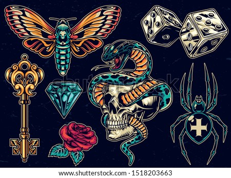Vintage colorful tattoos set with dice antique golden key beautiful rose butterfly diamond scary cross spider snake entwined with skull on dark background isolated vector illustration
