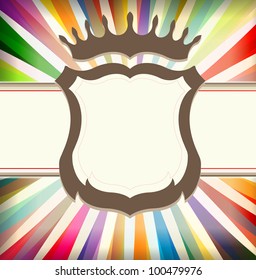 Vintage colorful template with retro sun burst background and shield