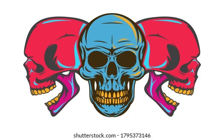 Vintage colorful three human skull isolated on white background. Bright hand drawn design element template for emblem, print, cover, poster. Vivid vector illustration.