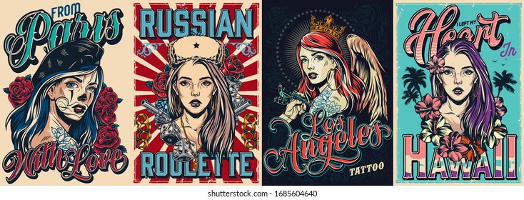 Vintage colorful travel posters with beautiful four girls in french beret russian ushanka hat crown with angel wings and purple hairs vector illustration