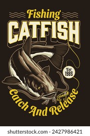 Vintage Colorful T-Shirt of Catfish Fishing