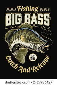 Vintage Colorful T-Shirt Design Big Bass Fishing