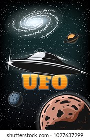 Vintage colorful UFO poster with alien spaceship unknown planets galaxy and stars vector illustration