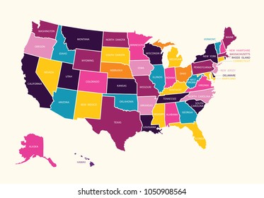 Vintage colorful United State of America map with states names. Vector.