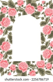 Vintage colorful vector tropical floral frame with garden rose, peony flowers, and leaf branch for wedding card invitation, greeting cards, crafts, decoration, feminine poster, and beauty products