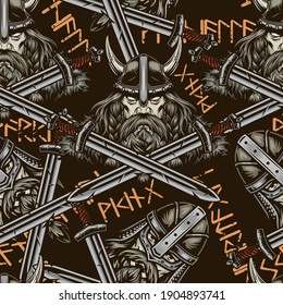 Vintage Colorful Viking Seamless Pattern With Serious Medieval Scandinavian Warriors Heads In Helmets And Sharp Swords On Dark Background Vector Illustration