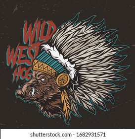 Vintage colorful wild west concept with boar head in american indian traditional feathers headwear isolated vector illustration