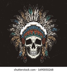 Vintage colorful wild west template with skull in american indian tribal feathers headwear isolated vector illustration